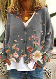 V-neck button floral sweater