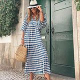 3/4 Sleeve Printed Bohemian Blue Casual Dress