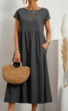 Lantern sleeve loose cotton and linen pocket dress