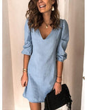 V-neck Half Sleeve Denim Mini Dress