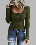 Solid Ribbed Button Front Scoop Neck Blouse