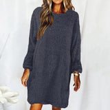 Casaul Solid Long Sleeve Loose O-Neck Hairy Sweater Dress