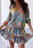 Vintage Print Party Dress Sexy V-Neck Lace-Up