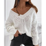 Women Solid Hollow Out Ribbed Knitted Sweater