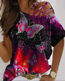 Casual O-neck Short Sleeve Shirts Butterfly Printed Tops