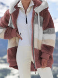 Over Size Stitching Plaid Hooded Zipper Fleece Coat