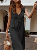 Elegant Sleeveless V-Neck Female Cotton Linen Summer Dresses