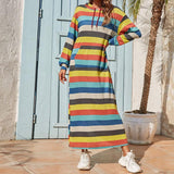 Pullover striped cotton loose waist pocket long skirt