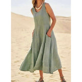 Elegent Casual Solid Cotton Linen A-Line Dress