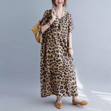 Cotton Large size V-neck leopard print short-sleeved long dress