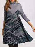 Printing Pile Neck Long Sleeve Dress