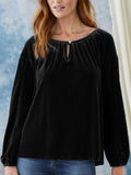 Solid color round neck pullover pleated lantern sleeve velvet top