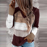 Autumn Women Patchwork Hooded Long Sleeve V-neck Knitted Sweater