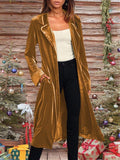 Solid gold velvet long lace-up women's double pocket trench coat