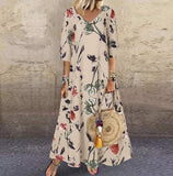 Bohemian Floral Printed Sundress Vintage Women V Neck 3/4 Sleeve Beach Dress