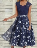 Lace Mid Length Dark Blue Sleeveless Floral Layered Pleated Print Spring Summer V-Neck Dress