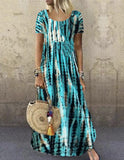 COTTON Round Neck Tie Dye Printed Long Loose Plus Size Dresses