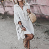 Cotton Linen Casual Loose V Neck Midi Dress