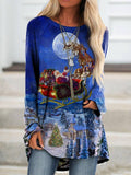 Christmas long sleeve round neck plus size print top