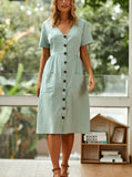 Casual V-neck Button Pocket Short Sleeve A-line Midi Dresses