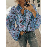 Print Blouses Casual Loose Stand V Neck Long Sleeves