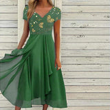 Green Print Short Sleeve Mid Dress