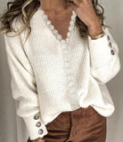 Lace loose long sleeve solid color V-neck sweater