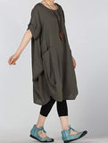 Plus size summer new round neck cotton and linen washed lantern dress