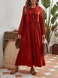 Solid Color Long Sleeves Red Round Neck Dress