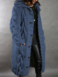 Faux wool thick loose-fitting hooded over-the-knee knitted cardigan