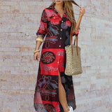 Elegant Print Slit Shirt Lapel Neck Maxi Boho Dress