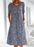 WOMEN ROUND NECK FLORAL CASUAL MID-LENGTH DRESS