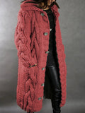 Faux wool thick loose-fitting hooded over-the-knee knitted cardigan