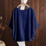 Batwing Sleeve Round Neck Solid Color Cotton Linen Blouses Tops