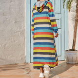 Pullover striped cotton loose waist pocket long skirt