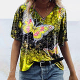 Loose T-Shirts Casual Short Sleeve V-Neck Butterfly Print Tee