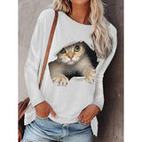 Cat Print Crew Neck Shift Long Sleeve Shirts & Tops