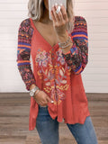 Cotton Casual V-neck Long Sleeve Tops Ladies Printing Tees