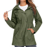 Hooded mid-length women's rainproof jacket