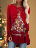 Multicolor Stars Decor Christmas Tree Print Red Long Sleeve Tee