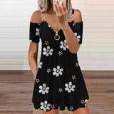 V-Neck Zipper Print Casual Short Sleeve Loose dress