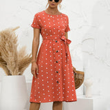 Polka Dot Midi Dress Female Short Sleeve O-neck Button