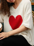 Red Heart V neck 3/4 Sleeve Casual Shift Sweater