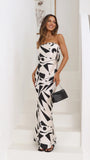 Satin Geometric Print Off Shoulder Maxi Dress