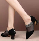 Fashion temperament thick heel mesh stitched large women's shoes