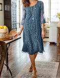 Dusty Blue 3/4 Length Sleeve Midi Dress