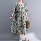 Cotton and linen printed short-sleeved waistband dress