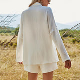 Casual Button White Women's Sets Cotton Linen Two Pieces Sets