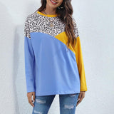 Leopard Stitch Contrast Color Long Sleeve O-neck Sweatshirt