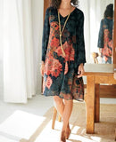 V-Neck Long Sleeve Loose Print Dress